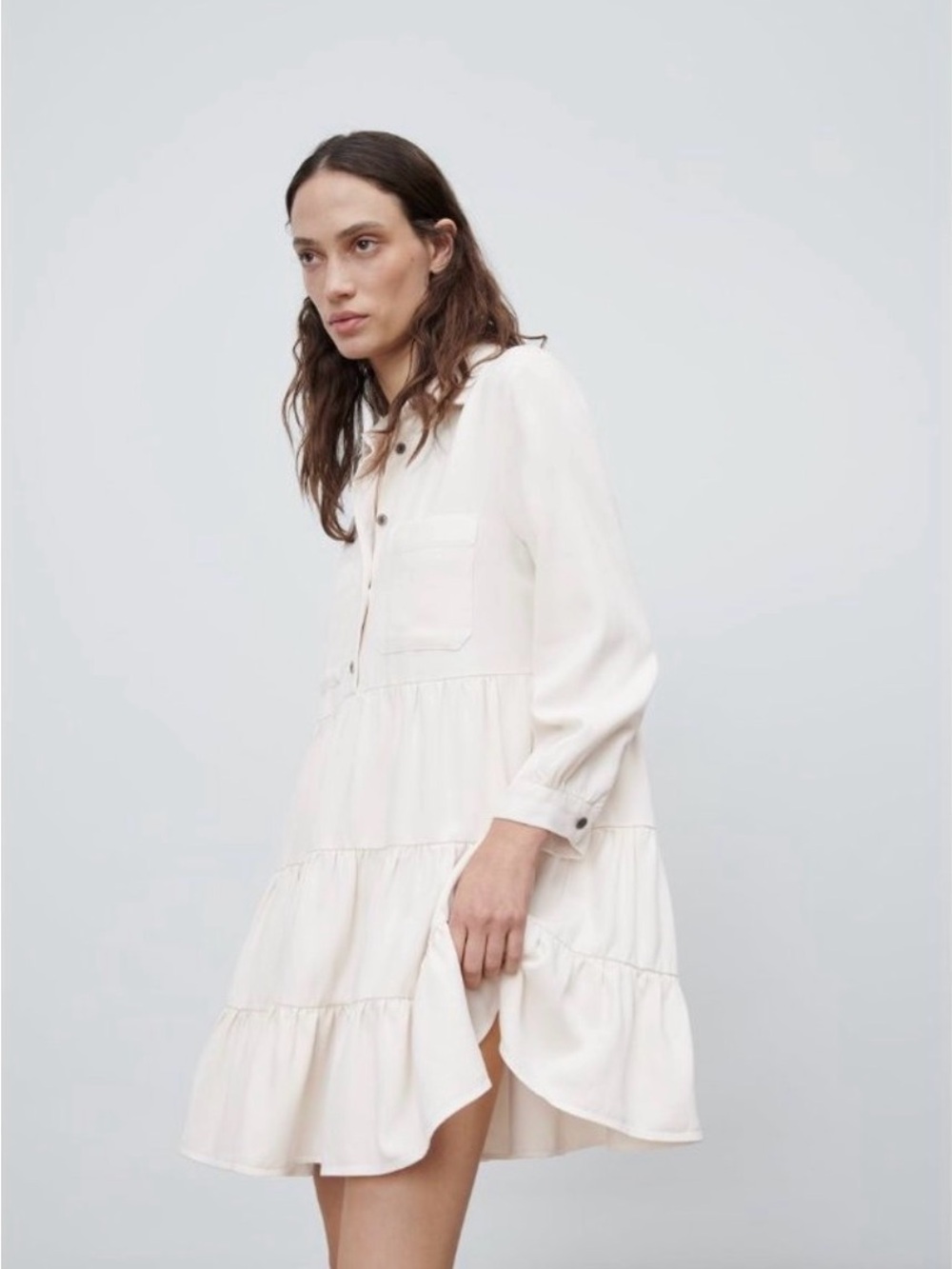 Zara XS Cream Tiered Button-Front Mini Dress